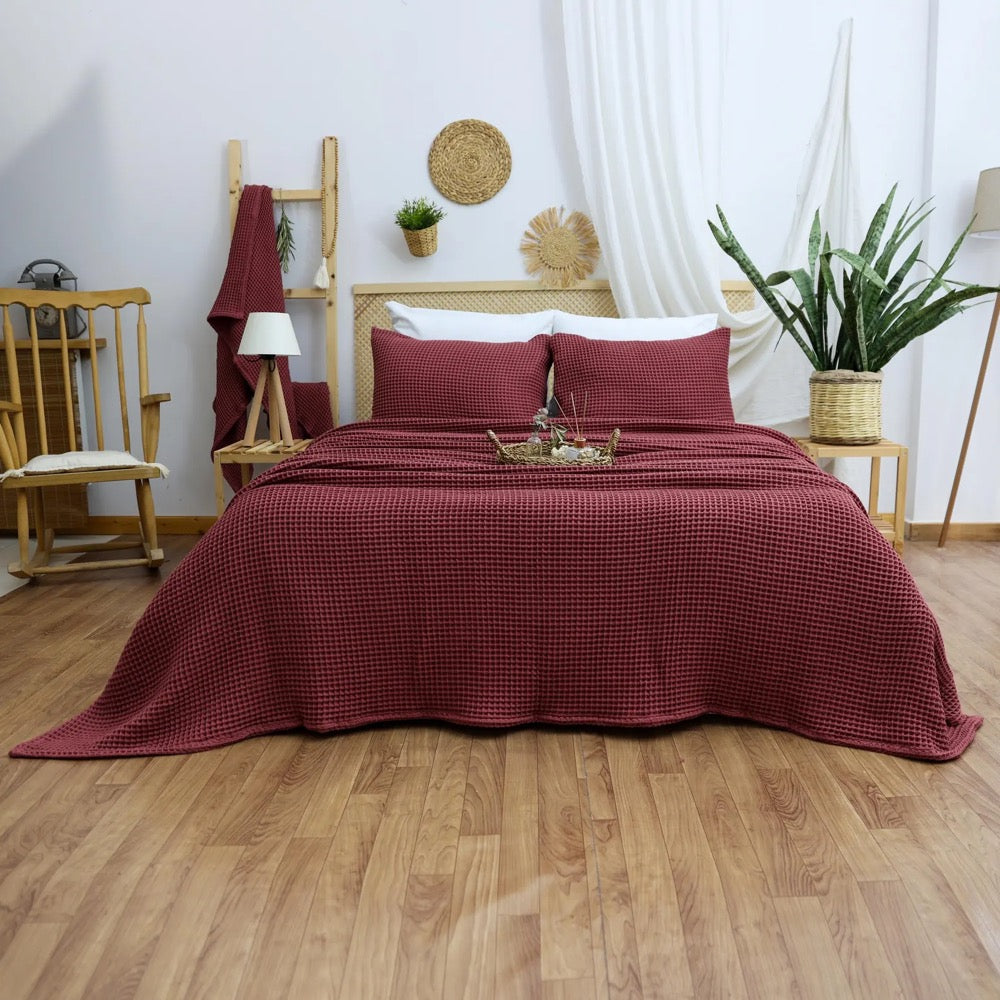 Purple Waffle Blanket, OEKO TEX Certificate, Cotton Bed Cover, King Size Bedspread, Queen Turksih Waffle Blanket