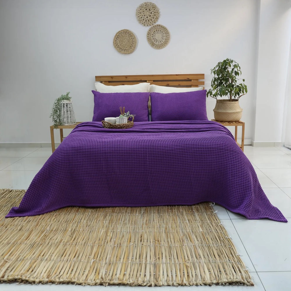 Purple Waffle Blanket, OEKO TEX Certificate, Cotton Bed Cover, King Size Bedspread, Queen Turksih Waffle Blanket
