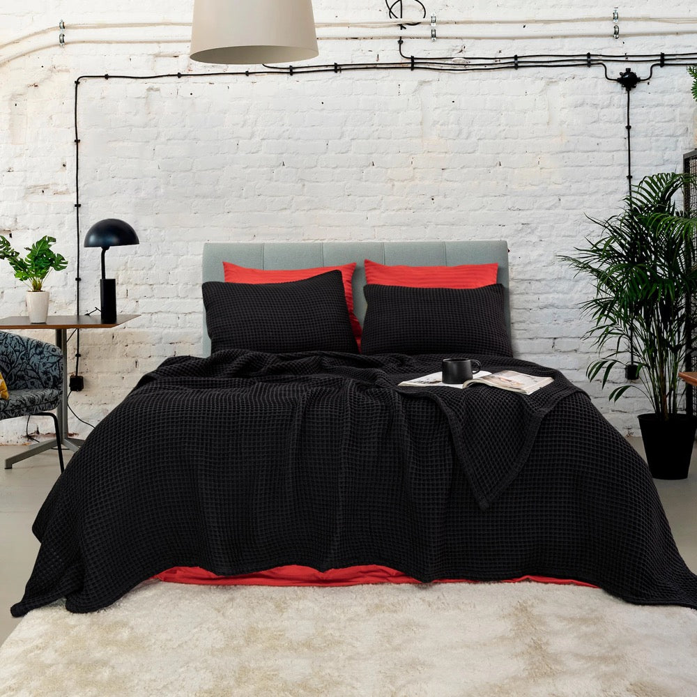 Black Waffle Cotton Blanket, Soft Sofa Cover, Cotton Throw Blanket, King Bed Cover