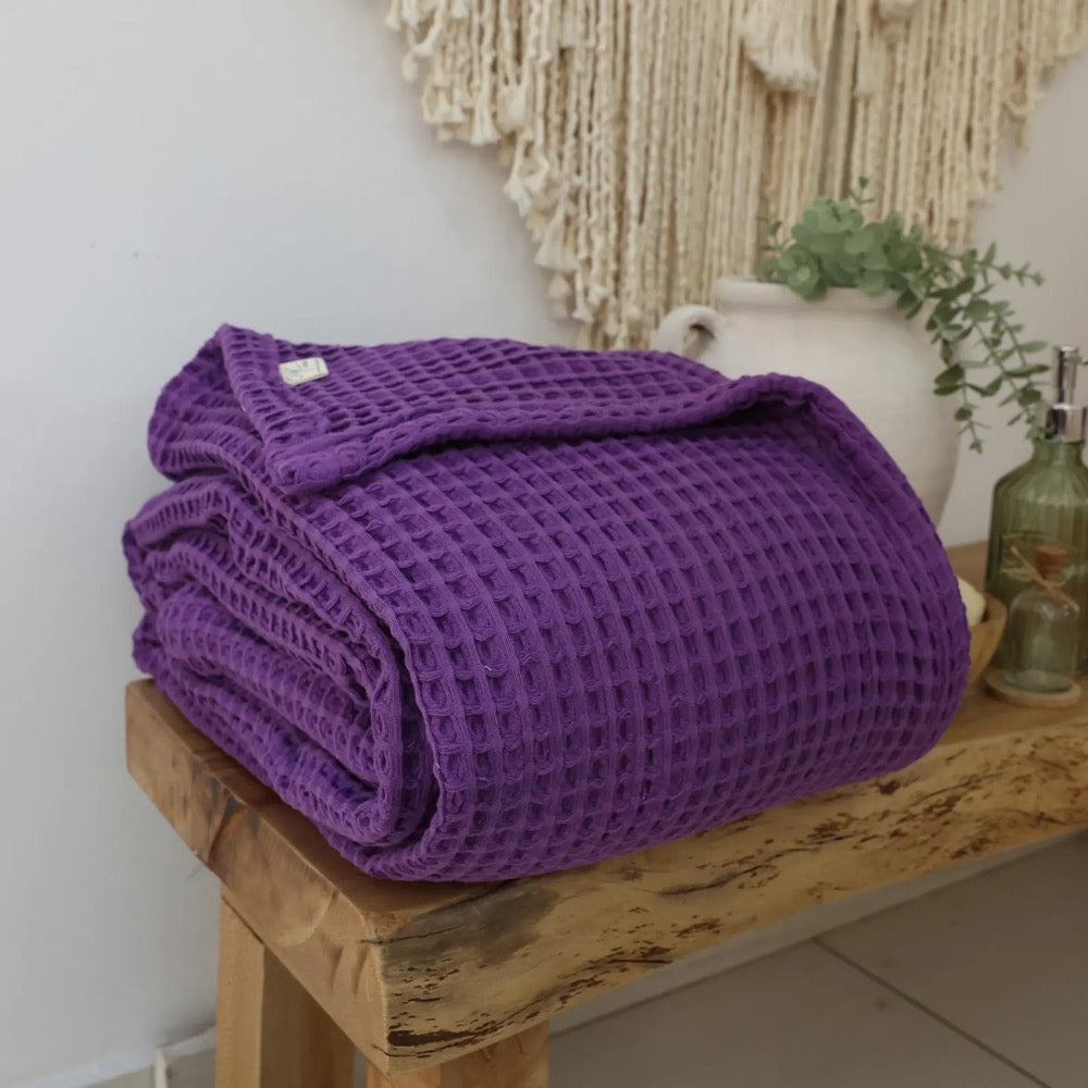 Purple Waffle Blanket, OEKO TEX Certificate, Cotton Bed Cover, King Size Bedspread, Queen Turksih Waffle Blanket