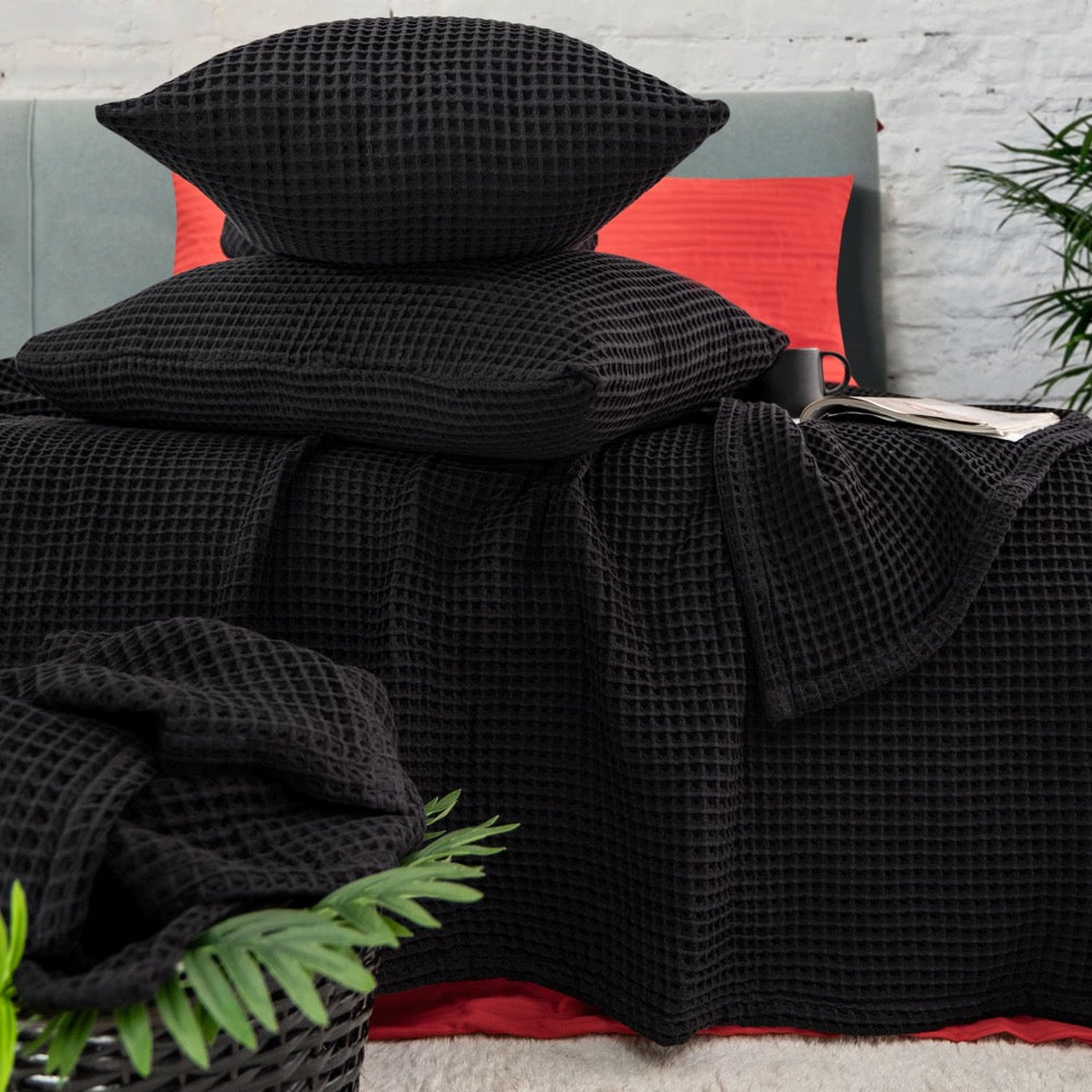 Black Waffle Cotton Blanket, Soft Sofa Cover, Cotton Throw Blanket, King Bed Cover